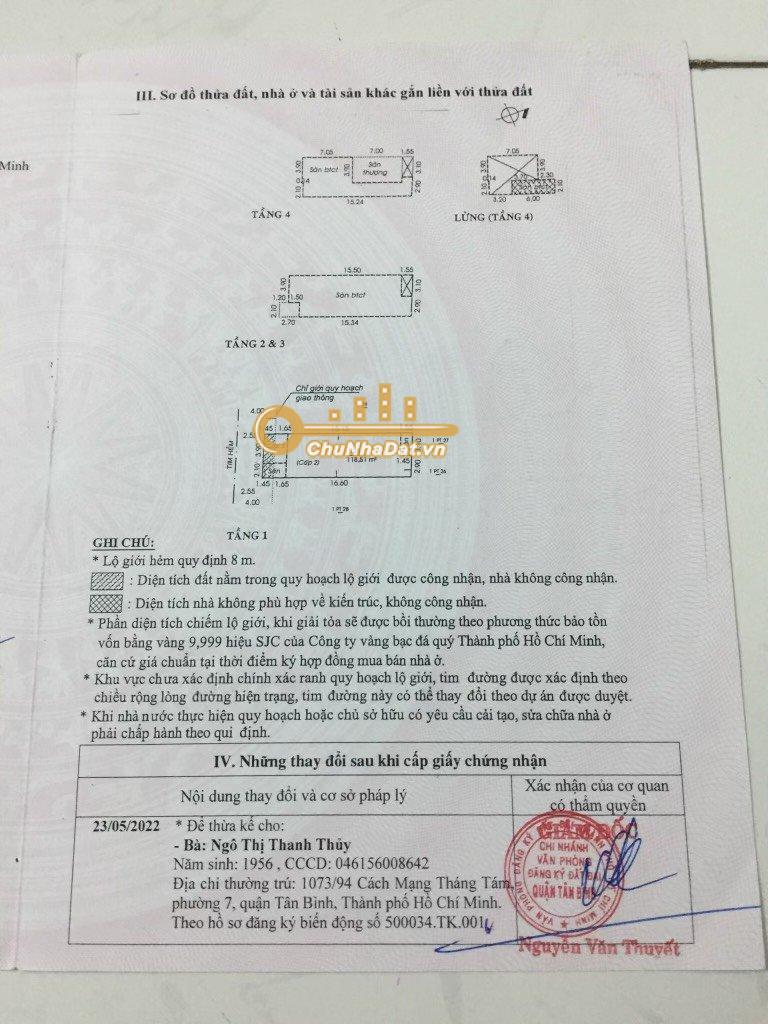 Bán Biệt thự 4 tầng Hẻm xe hơi Cách Mạng Tháng 8, Tân Bình ngang 6m diện tích 119 m2 hướng Tây Nam