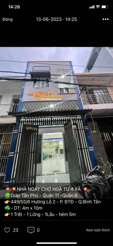 Bán Nhà 3 tầng Hẻm xe hơi Hương lộ 2, Bình Tân ngang 4m